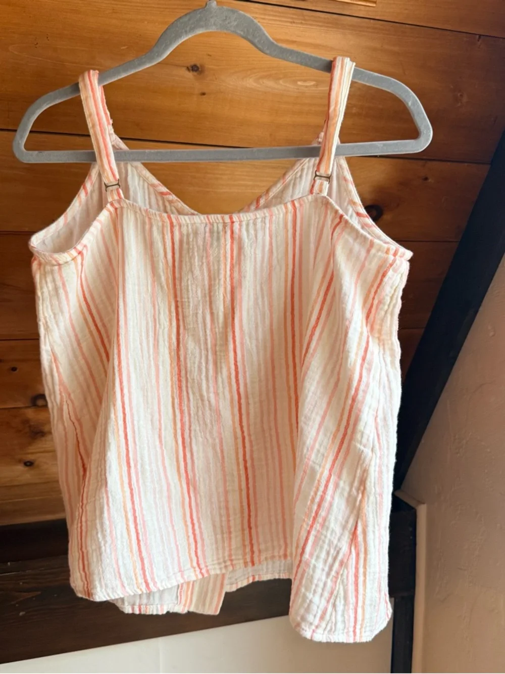 Super Soft Button-Front Striped Tank Top - Cream w Peach Pink Stripes Cotton L - Picture 5 of 6